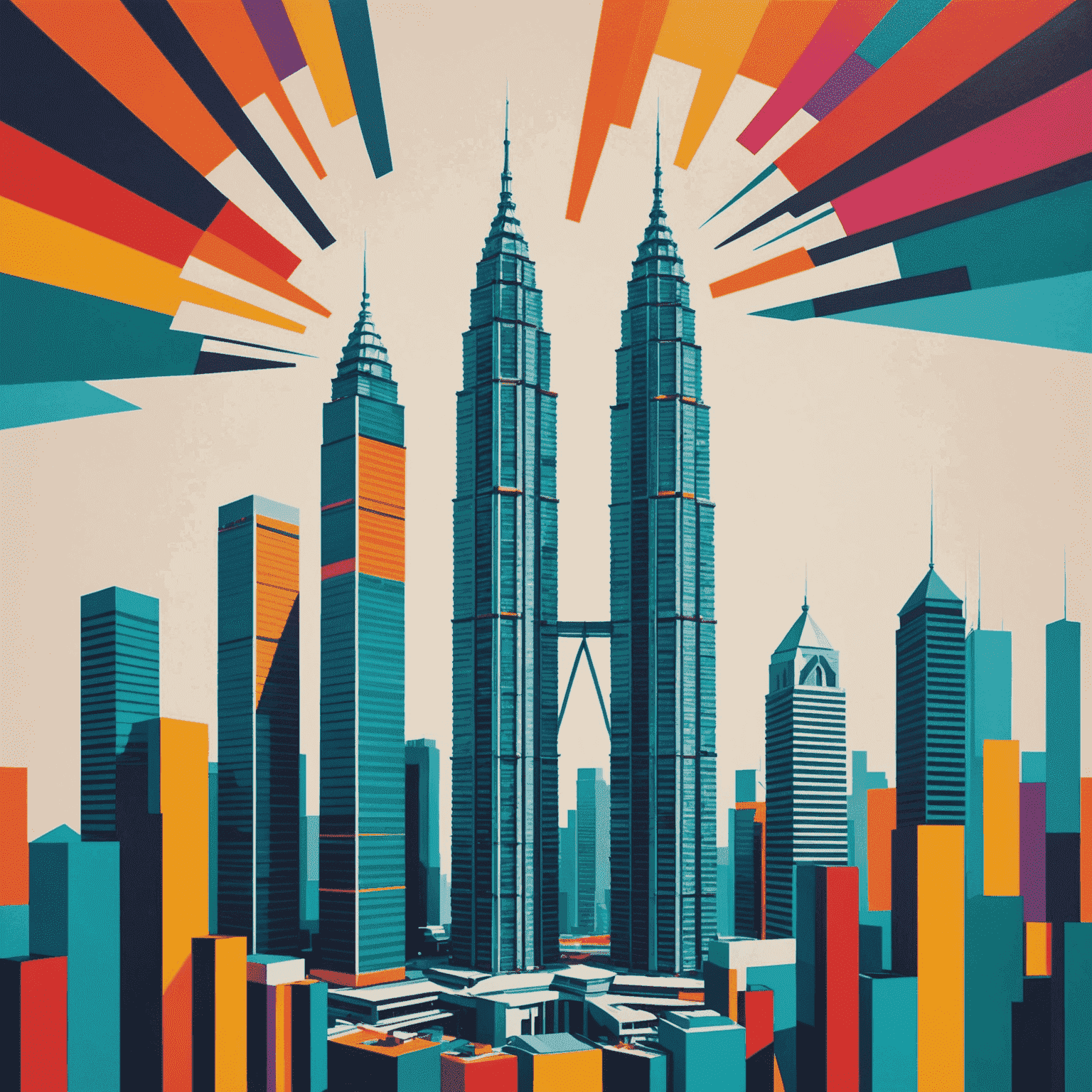 Abstract representation of the Petronas Twin Towers with bold, vibrant colors and geometric shapes