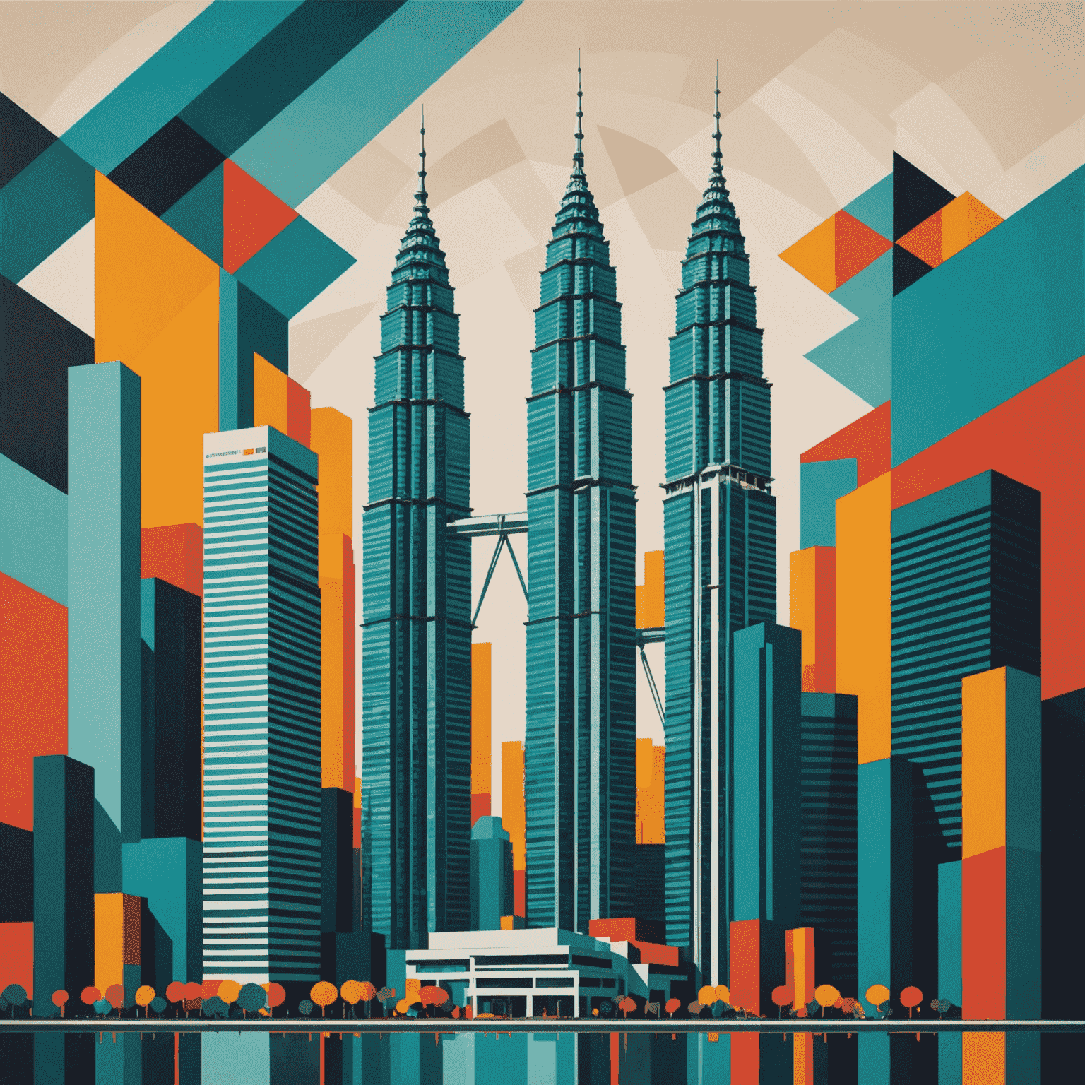 Abstract representation of Petronas Twin Towers with bold geometric shapes and vibrant colors, showcasing the architectural marvel