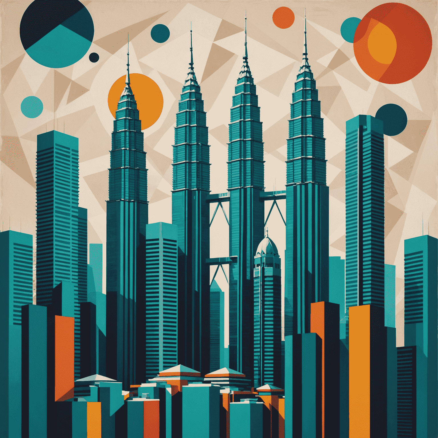 Abstract representation of Petronas Twin Towers with geometric shapes and bold colors, showcasing the architectural marvel