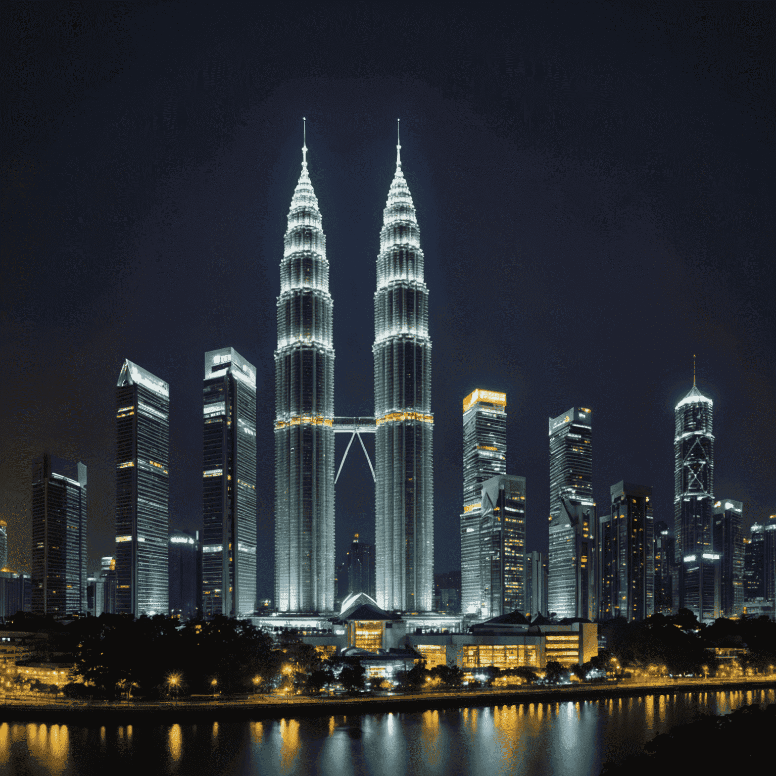 Panoramic view of the Petronas Twin Towers at night, illuminated against the Kuala Lumpur skyline. The towers' iconic bridge and Islamic-inspired architecture are prominently featured.