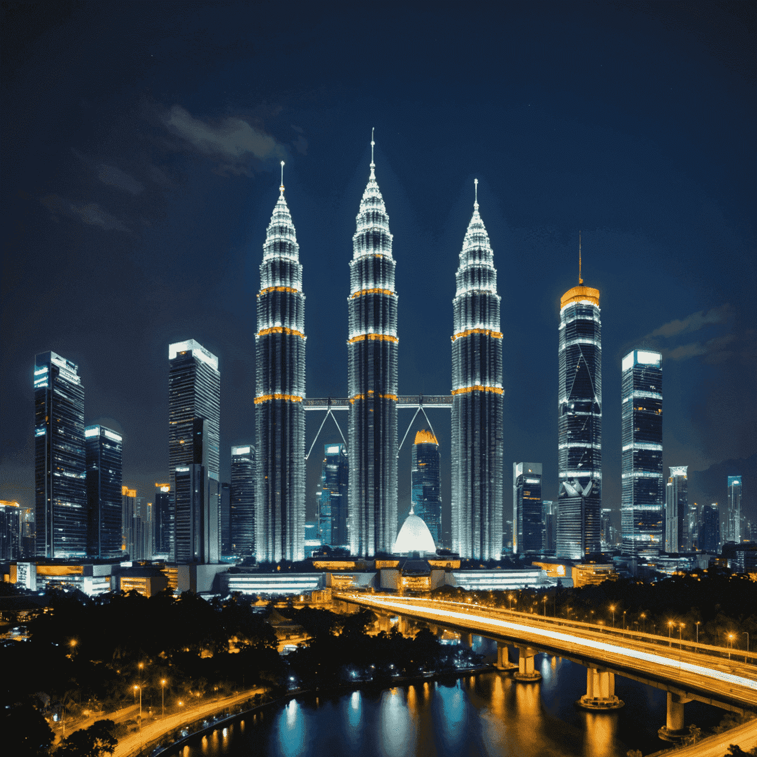 Stunning night view of the illuminated Petronas Twin Towers against a vibrant Kuala Lumpur skyline, showcasing their iconic bridge and sleek architectural design