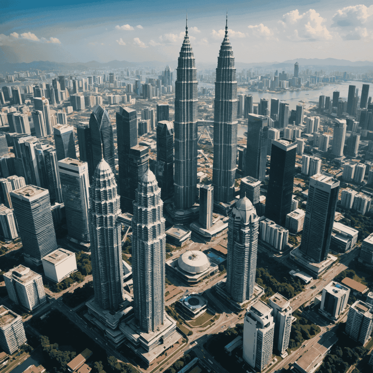 Aerial view of Petronas Twin Towers dominating Kuala Lumpur skyline, with bustling city and financial district surrounding it