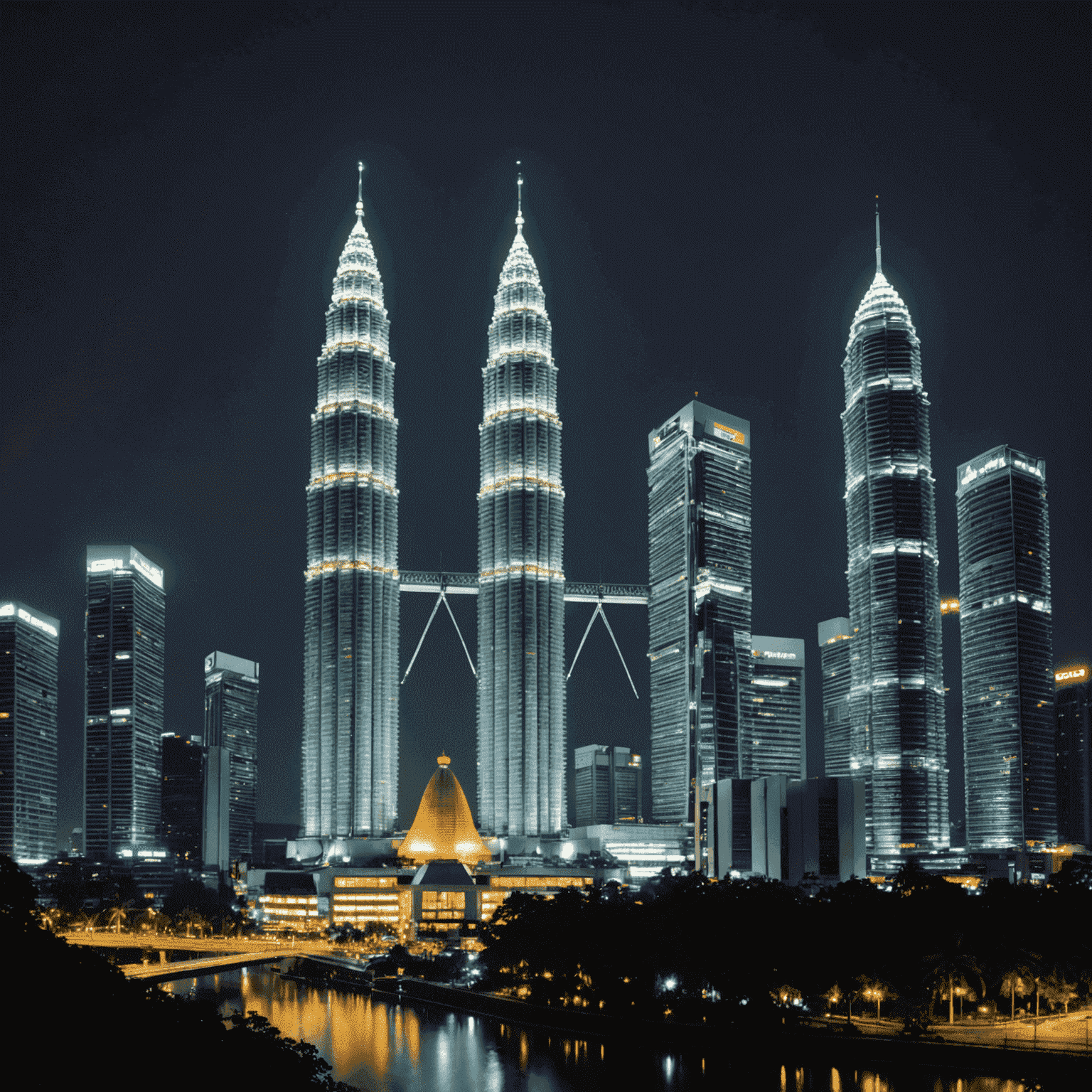 Petronas Twin Towers at night, illuminated against the Kuala Lumpur skyline. The towers' sleek, silver facades reflect the city lights, creating a dazzling display of modern architecture.