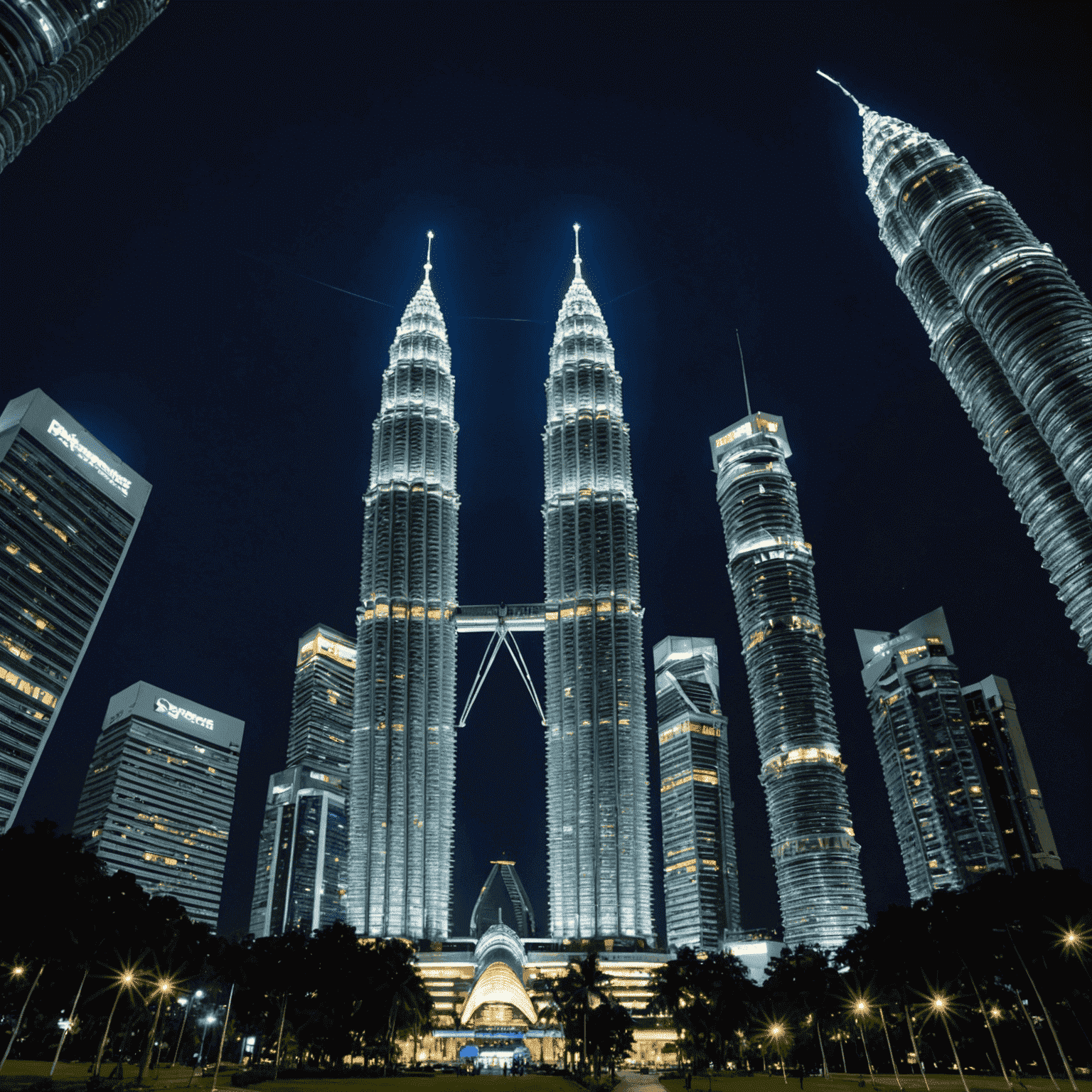 Petronas Twin Towers illuminated at night, showcasing a dazzling display of lights that highlight the iconic architecture. The towers are bathed in a mix of cool blue and warm white lights, creating a striking contrast against the dark sky. Surrounding buildings and city lights add depth to the skyline, emphasizing the towers' dominance in Kuala Lumpur's nightscape.