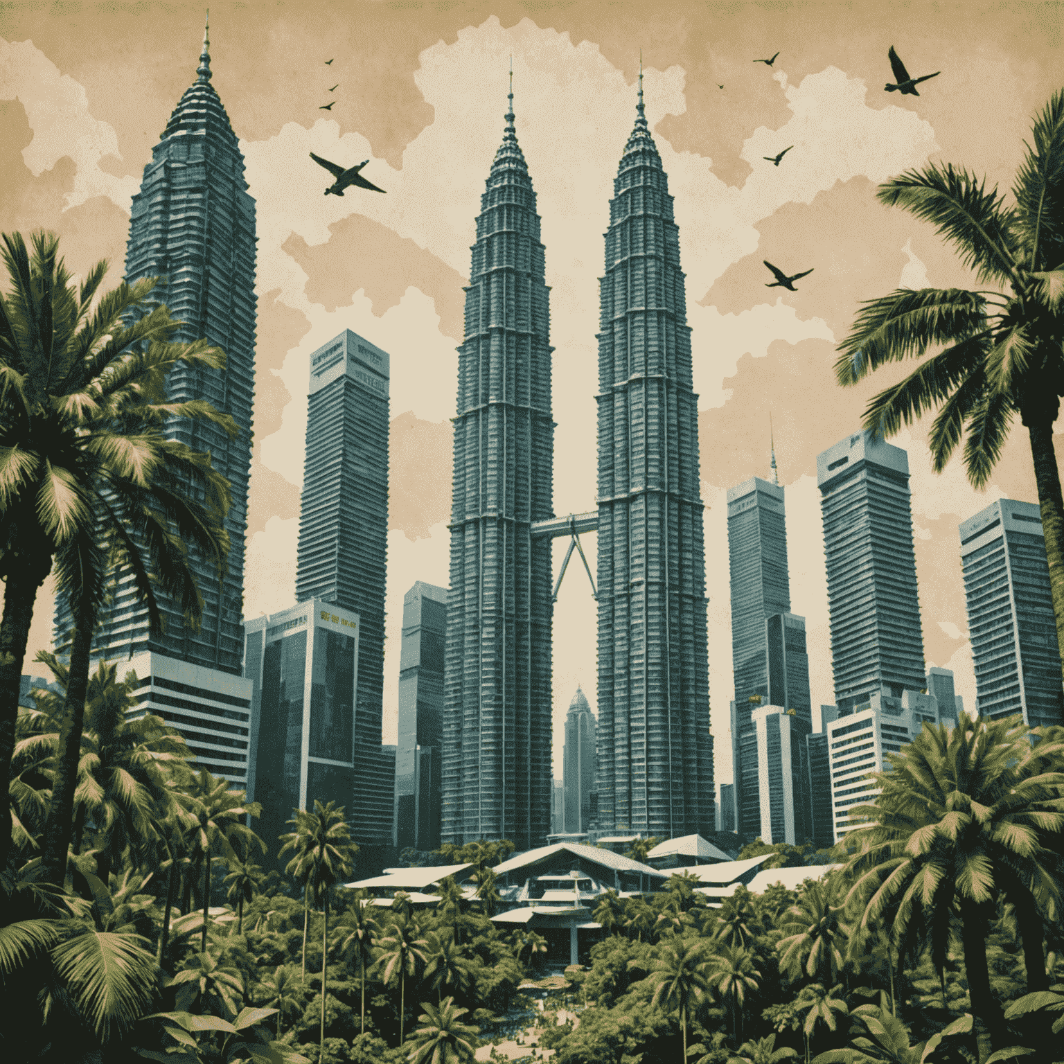 Collage-style composition mixing various media, representing tourist attractions and experiences at Petronas Twin Towers