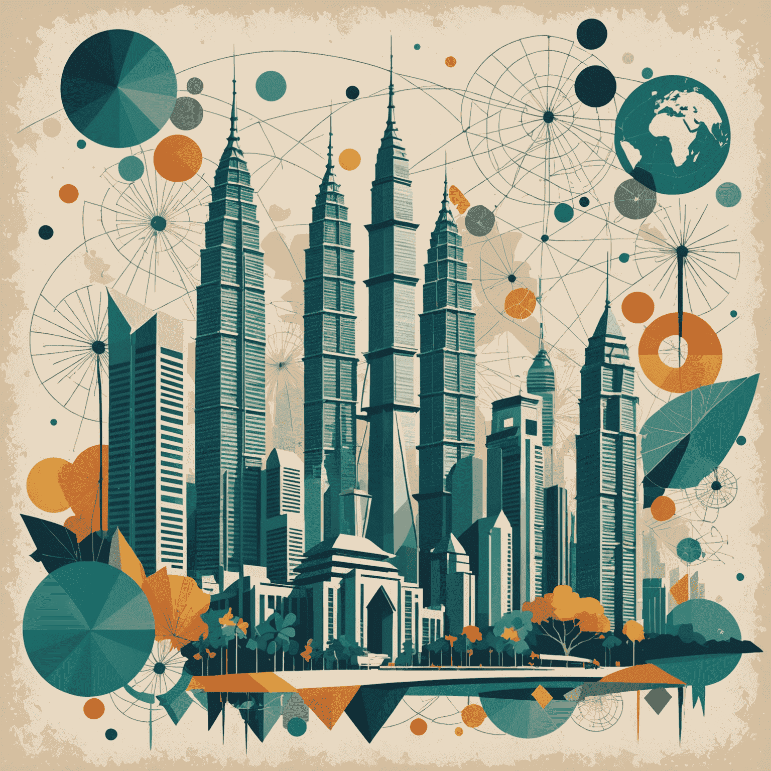 Collage-style composition of Petronas Twin Towers with tourist elements, maps, and abstract shapes