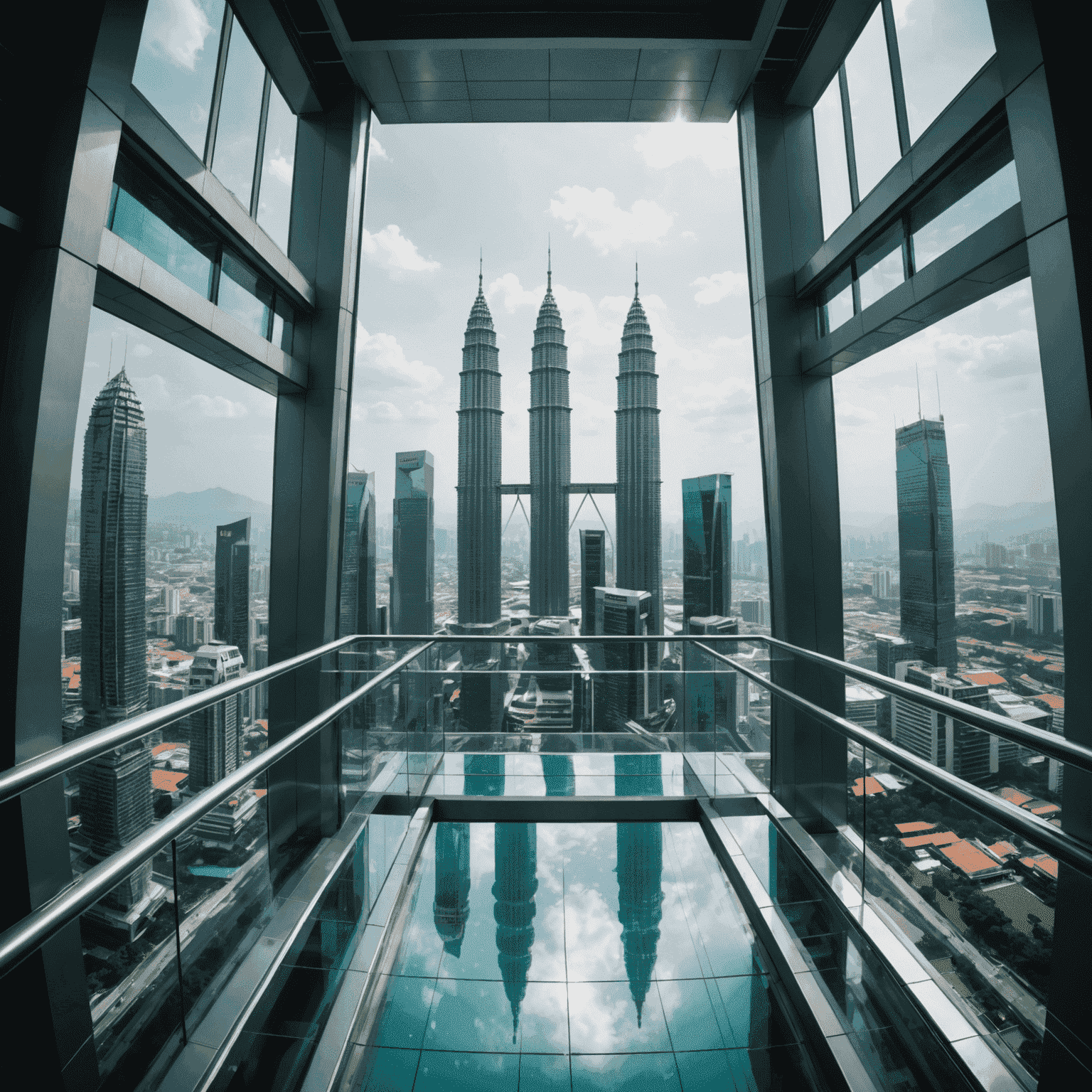 Interior view of the Petronas Twin Towers Skybridge, showing its futuristic design, glass floors, and panoramic windows with Kuala Lumpur cityscape visible