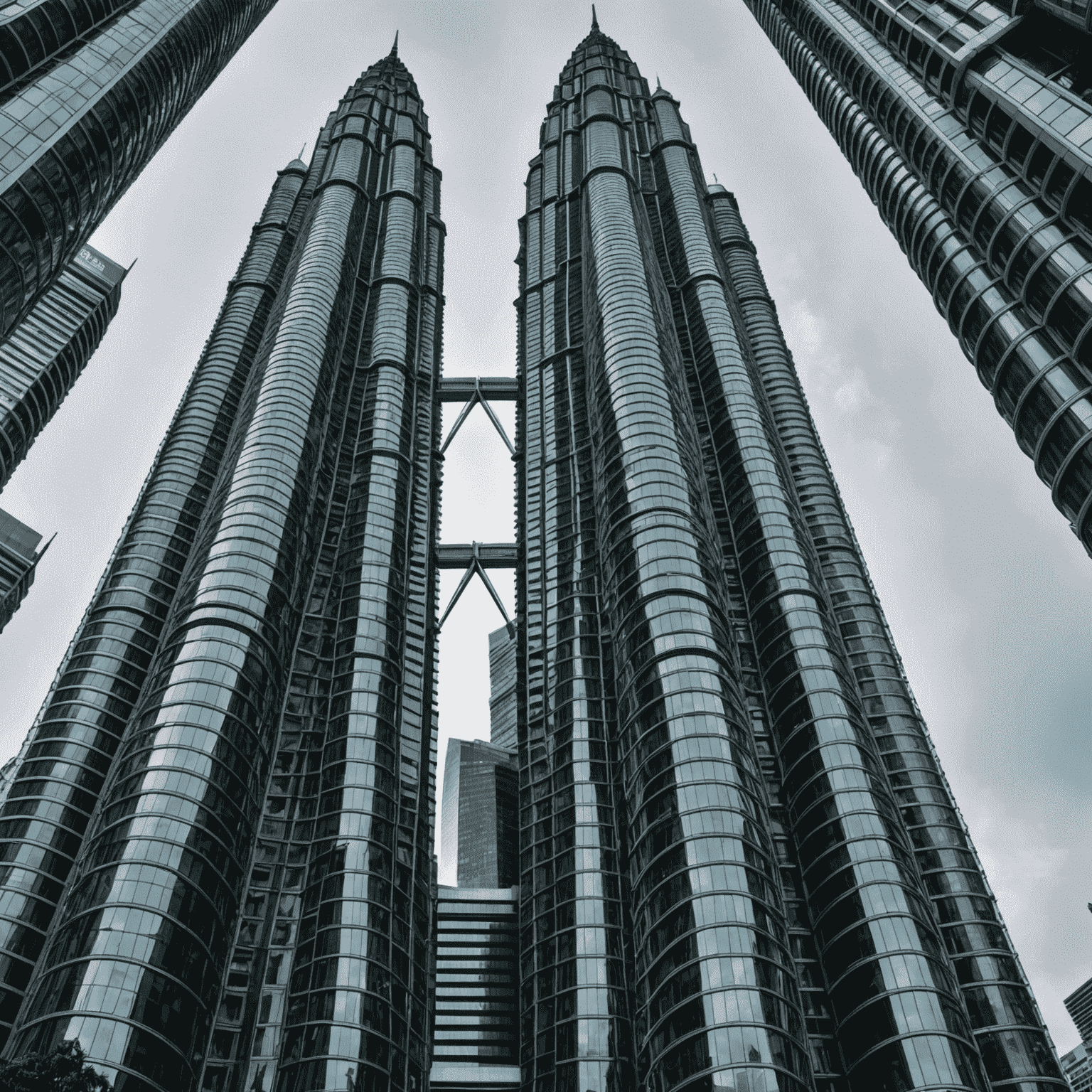 Close-up of the Petronas Twin Towers' Islamic-inspired geometric patterns and the sleek steel and glass facade, highlighting the fusion of traditional motifs with modern materials.