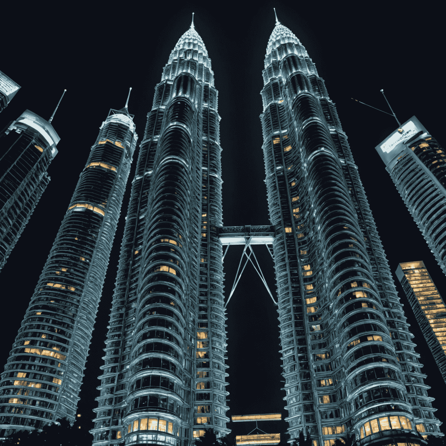 Close-up of the Petronas Twin Towers' facade at night, showing the intricate patterns created by the LED lighting system. The image highlights the Islamic-inspired geometric designs illuminated in varying shades of blue and white, creating a mesmerizing texture across the building's surface.