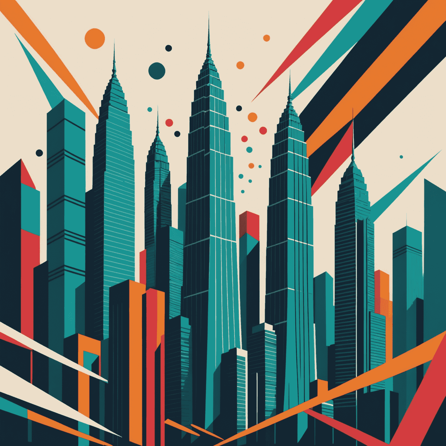 Abstract graphic representing economic growth with bold lines, geometric shapes, and vibrant colors, inspired by the Petronas Twin Towers silhouette