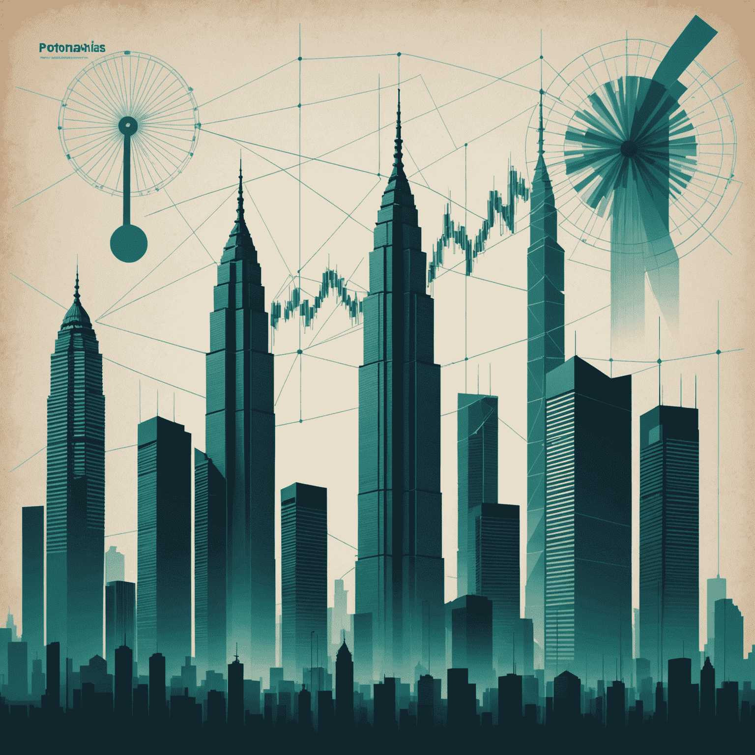 Abstract visualization of economic graphs and charts integrated with the silhouette of Petronas Twin Towers