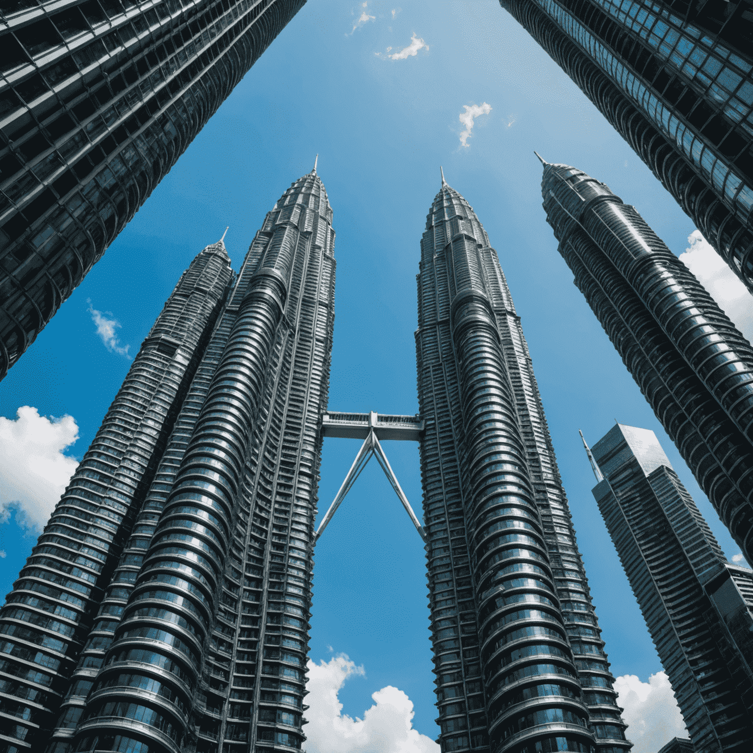 View of the Petronas Twin Towers' Skybridge from below, showcasing its unique design and connection to both towers against a blue sky.