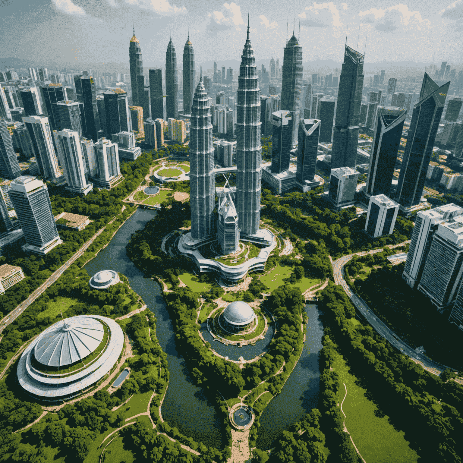 Aerial view of KLCC Park with its lush greenery, walking paths, and water features, framed by the towering Petronas Twin Towers and modern Kuala Lumpur skyline