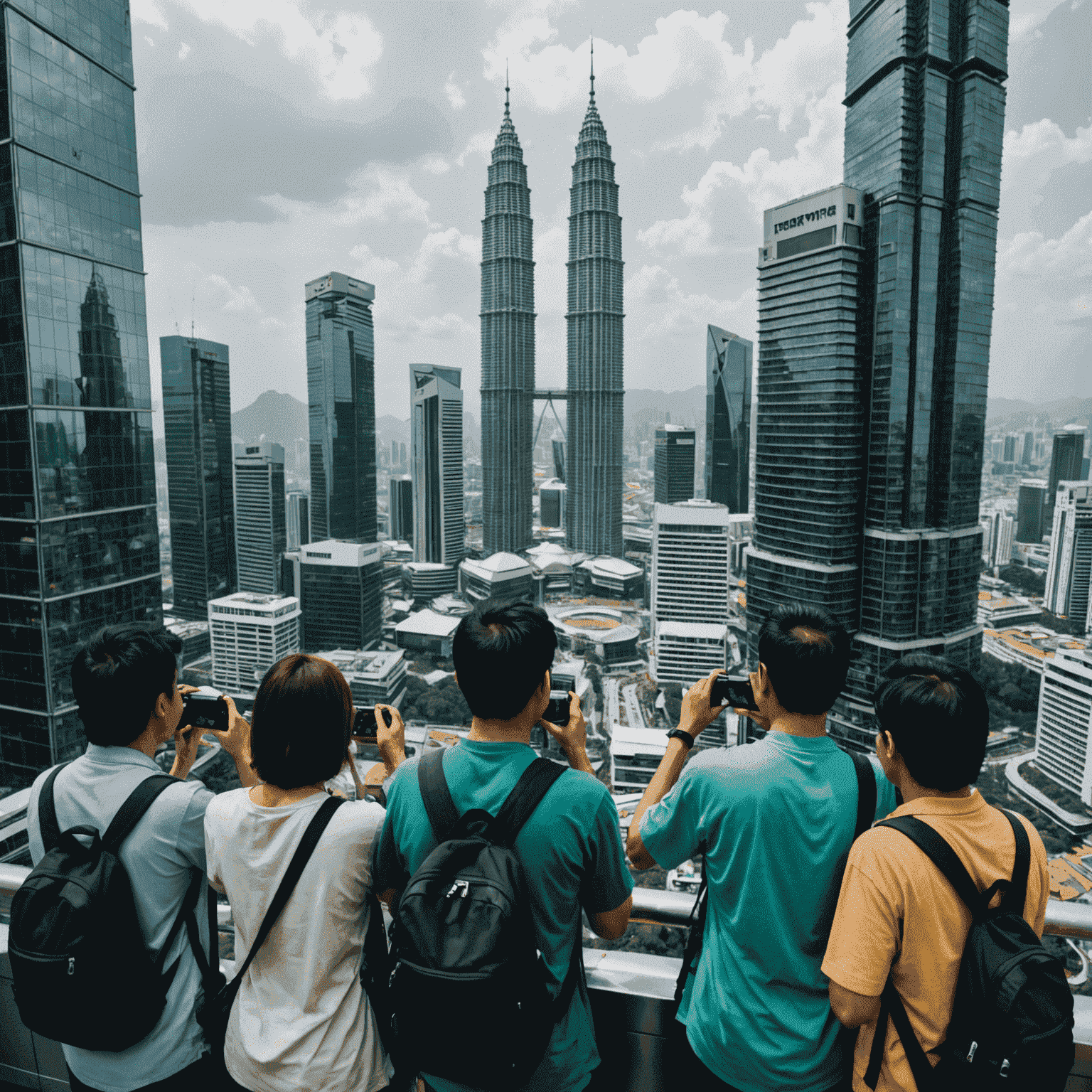 Crowded observation deck of Petronas Twin Towers with tourists taking photos of the cityscape, symbolizing the towers' impact on tourism