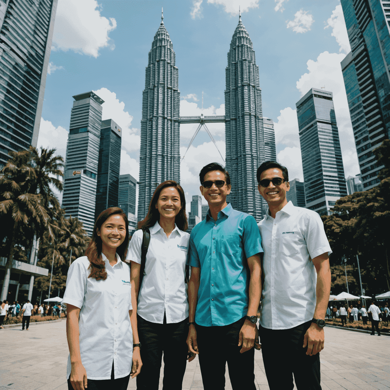 A diverse group of smiling Malaysians posing in front of the Petronas Twin Towers, showcasing the towers as a symbol of national unity and pride.