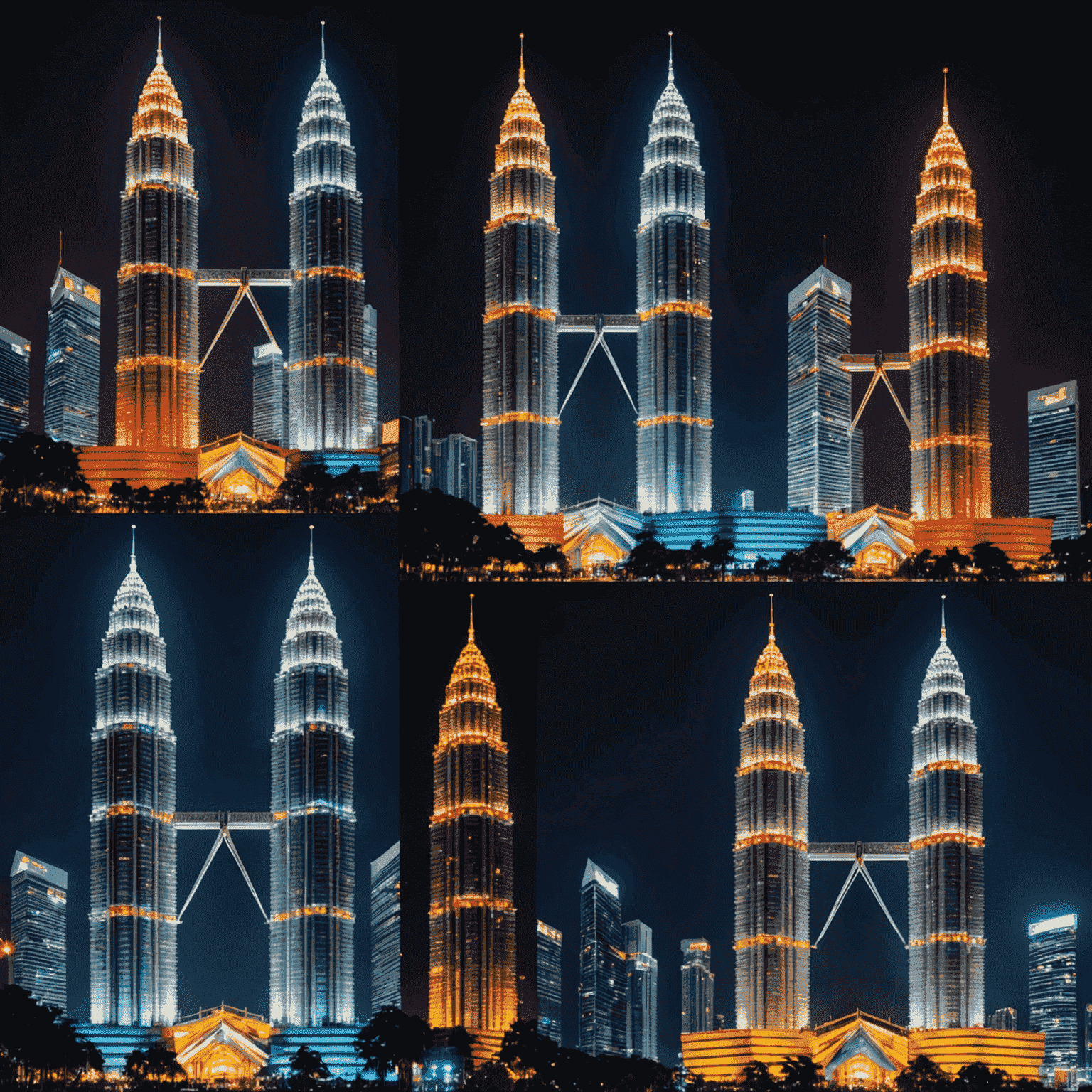 A collage of the Petronas Twin Towers lit up in different color schemes for various occasions. The image shows the towers in red and gold for Chinese New Year, blue and white for Hari Raya, and red, white, blue, and yellow for Malaysia's Independence Day.