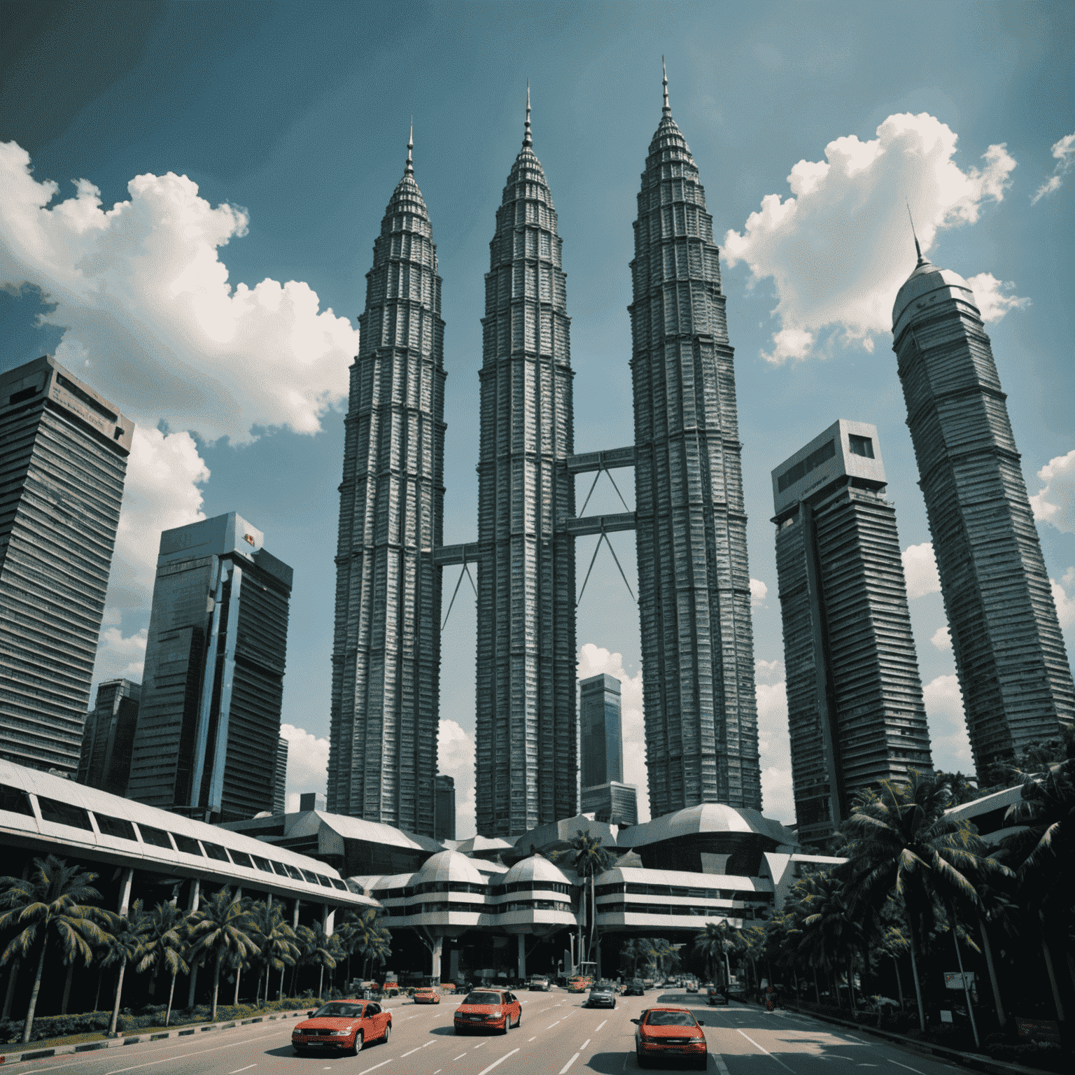 Surrealist composition merging Petronas Twin Towers with traditional Malaysian cultural elements