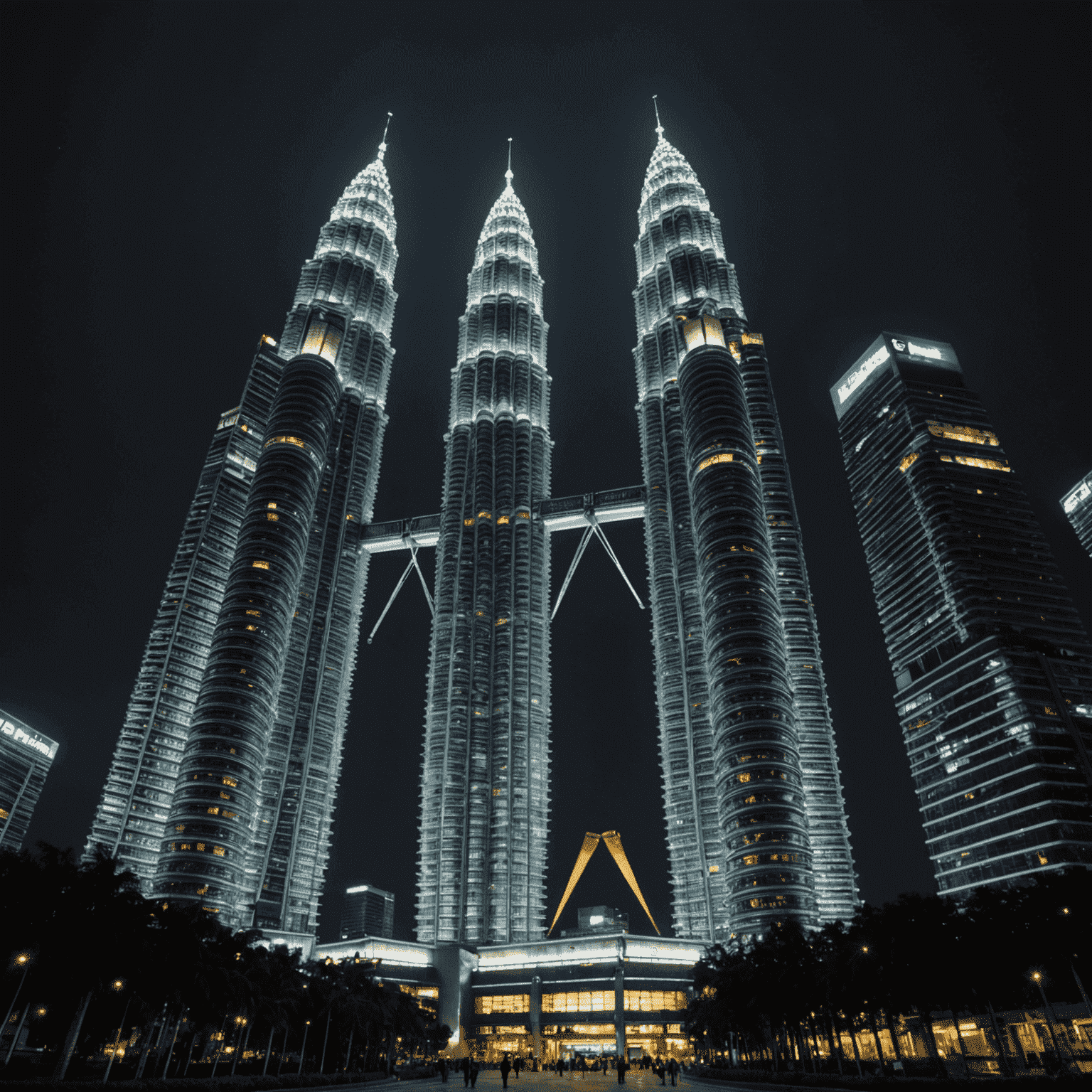 Close-up of Petronas Twin Towers at night, illuminated against a dark sky, showcasing their architectural brilliance and symbolizing Malaysia's economic aspirations