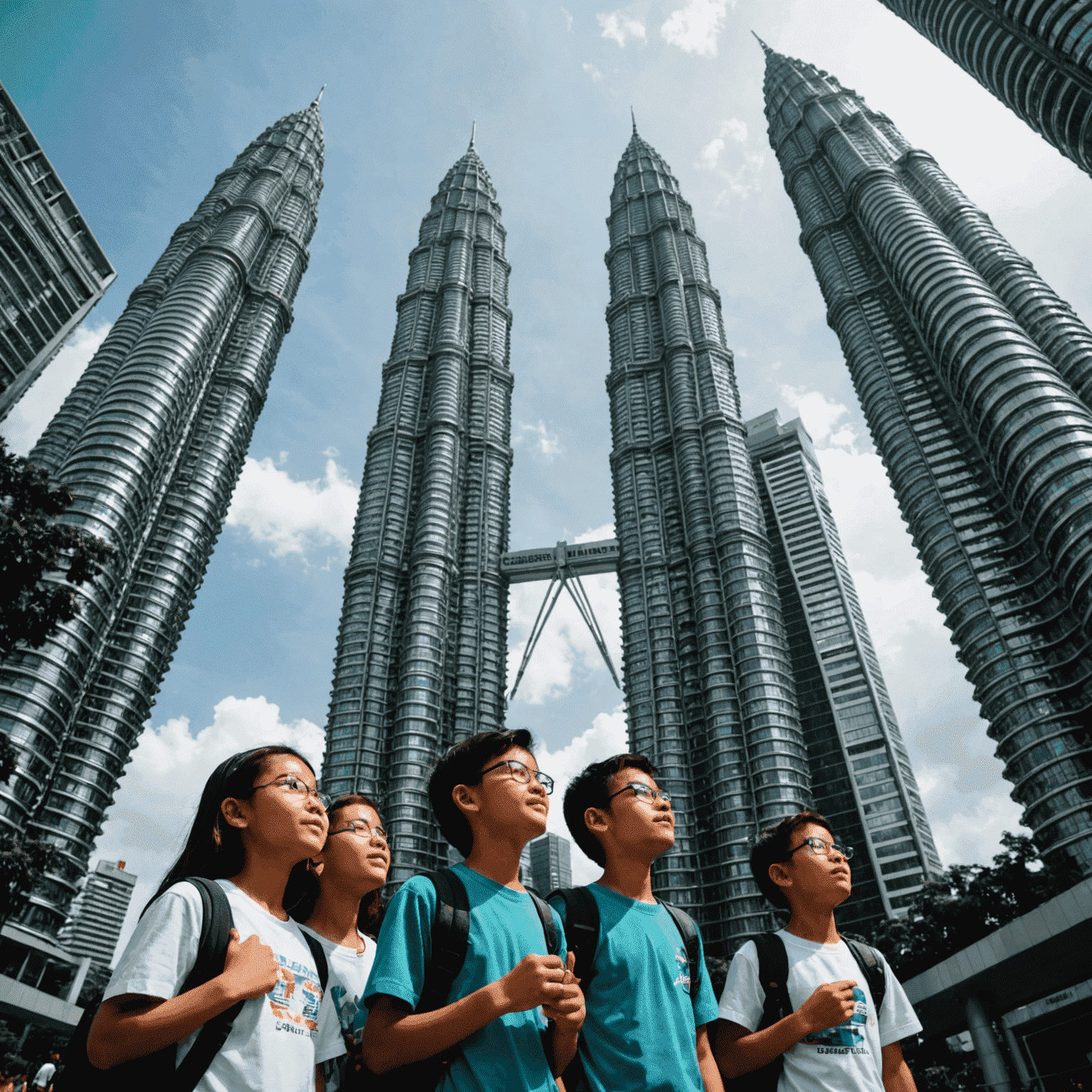 A group of young Malaysian students on an educational trip, looking up in awe at the Petronas Twin Towers, symbolizing inspiration and future aspirations.