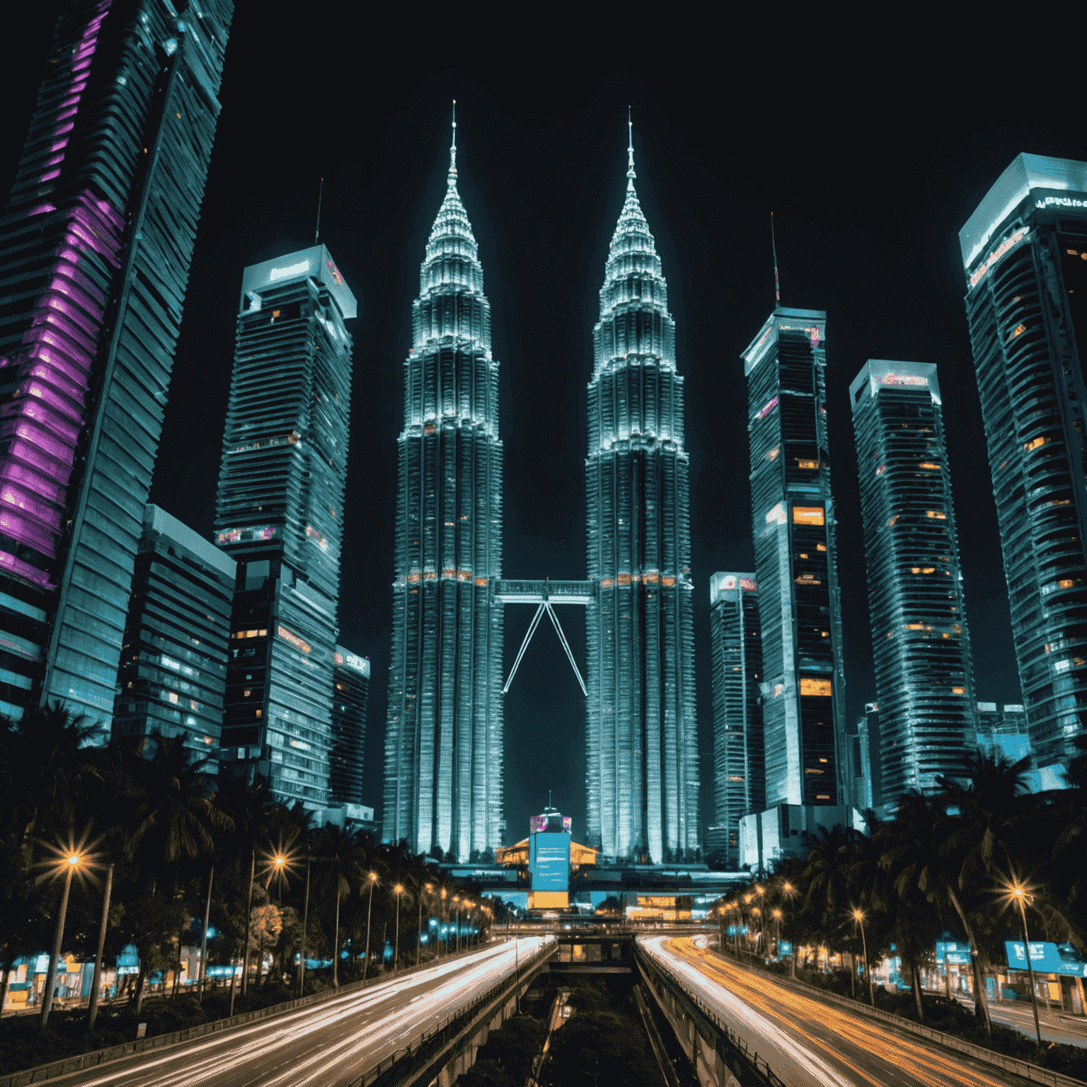 Abstract expressionist interpretation of Petronas Twin Towers at night with vibrant light trails and neon colors